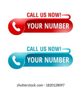 Call us button  - template for phone number place in website header  - caychy sticker in red and blue colors with phone headset pictogram