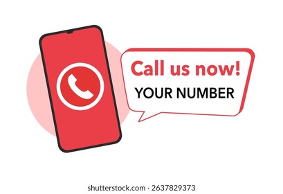 Call us button template for phone number in website header. Smartphone with phone number in flat design.
