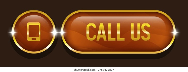 Call us button. Vector wooden button isolated on brown background.