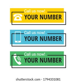 Call us buttons set - template for phone number place in website header in 3 variations - phone headset, mobile smartphone and rotary dial telephone