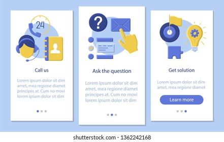 Call us mobile app page screen vector template. Ask question, get solution. Customer support service. Helpdesk. Flat design website instructions. UX, UI, GUI smartphone interface cartoon concept