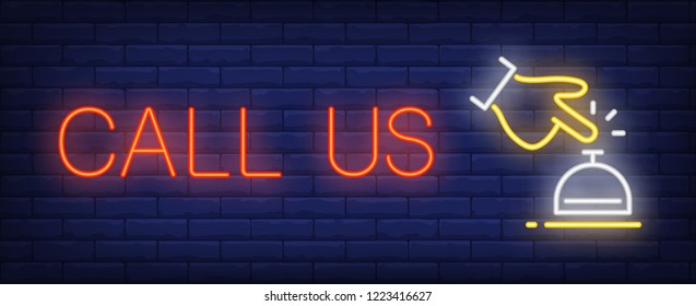 Call us neon sign. Hotel bell and guest hand on brick wall background. Vector illustration in neon style for hotels and motels wall signs