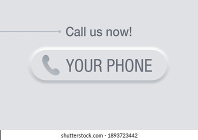 Appelez-nous maintenant bouton bleu dans le style de neuromorphisme - modèle pour le numéro de téléphone dans l'en-tête du site Web - autocollant visible avec pictogramme du casque de téléphone