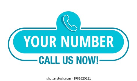 Call Us Now Blue Centered Button Or Address Block - Template For Phone Number In Website Header - Conspicuous Sticker With Phone Headset Pictogram