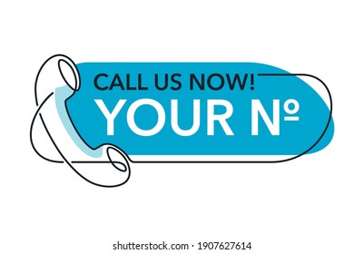 Call us Now. Blue rounded button - thin line template for phone number, in website header - conspicuous sticker with phone headset pictogram