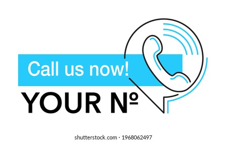 Call us Now. Blue rounded button - phone number template in website header - conspicuous sticker with phone headset pictogram