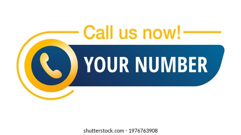 Call us Now blue and yellow 3D button - template for phone number in website header - conspicuous sticker with phone headset pictogram