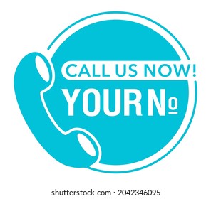 Call us Now button in blue circle - template for phone number, in website header - catchy sticker with phone headset pictogram