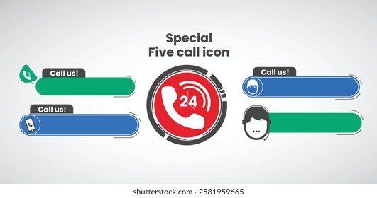 Call us now button logo, phone icons, contact symbols, call signs, and a 24h customer care support logo, vector illustration