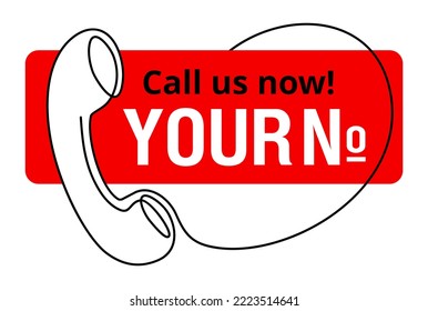 Call us Now button on red background - thin line template for phone number, in website header - conspicuous sticker with phone handset pictogram