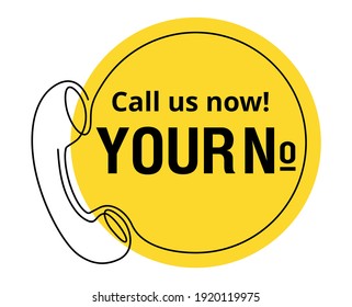 Call us Now button in yellow circle form - thin line template for phone number, in website header - conspicuous sticker with phone headset pictogram