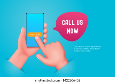 Call us now concept. Hand holding a mobile phone. Cartoon vector illustration