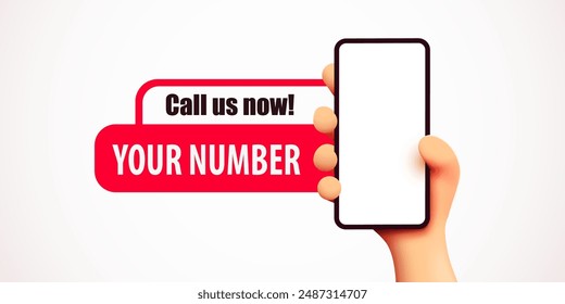 ¡Llámanos ahora! Mano sosteniendo el teléfono con el mensaje.  Concepto de Asistencia al cliente. Ilustración vectorial para diseño de Sitios web y Anuncios