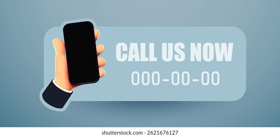 Ligue para nós agora. Mão segurando telefone com mensagem. Conceito de suporte ao cliente. Ilustração vetorial para web sites e design de banners