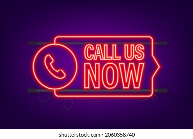 Call us now. Information technology. Telephone icon. Customer service. Neon icon. Vector stock illustration