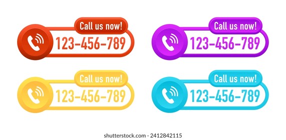 Call us now modern internet button - template for phone number in website header - conspicuous sticker with phone headset pictogram. Call us now icons for business purpose. Vector illustration