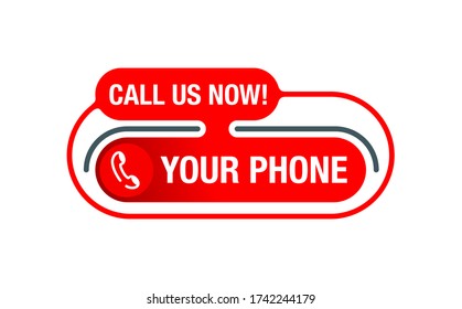 Call us now red modern internet button  - template for phone number in website header  - conspicuous sticker with phone headset pictogram