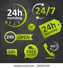 call us, open hours, free delivery - twenty four hours icon. customer support on dark background. isolated.