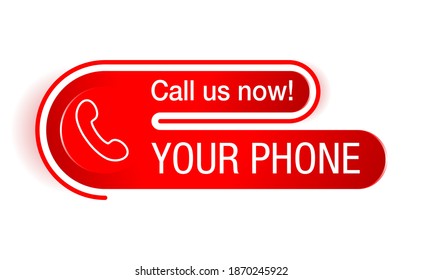 Call us red rounded button - template for phone number in website header - conspicuous sticker with phone headset pictogram