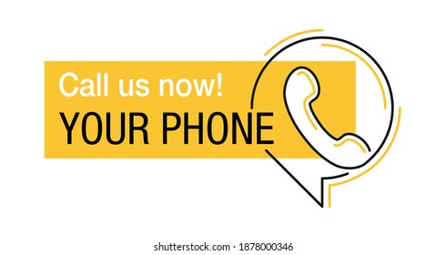 Call Us Yellow Button Or Address Block - Template For Phone Number In Website Header - Conspicuous Sticker With Phone Headset Pictogram