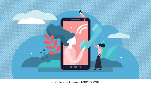 Call vector illustration. Flat tiny cellphone communication persons concept. Modern technology for voice message, and conversation service. Symbolic telemarketing, operator and consultant equipment.