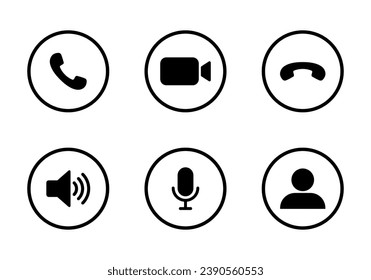 Call, video camera, microphone, speaker, and profile icon vector in circle line