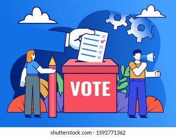 Call to vote, election. Big hand puts vote paper into voting box. Poster for social media, web page, banner, presentation. Flat design vector illustration