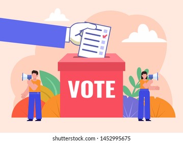 Call to vote, election campaign. Big hand puts vote paper into box. Poster for social media, web page, banner, presentation. Flat design vector illustration