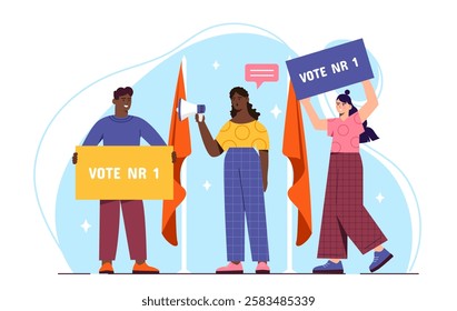 Call for voting. Men and women with placards. Freedom of speech and democracy. Political activists and volunteers. Election campaign, elections and referendum. Flat vector illustration