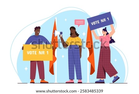 Call for voting. Men and women with placards. Freedom of speech and democracy. Political activists and volunteers. Election campaign, elections and referendum. Flat vector illustration