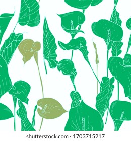 Calla flower seamless pattern.  Floral tropical background , outline, hand-drawing.