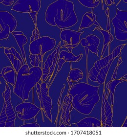 Calla flower seamless pattern. gold engraved ink art. Floral tropical background , outline, hand-drawing.