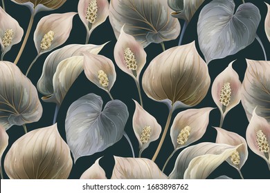 Calla flower vector seamless pattern. Botanical realistic drawing for background, wallpaper, greeting card, an invitation in modern style. Blossom floral vintage design.