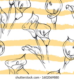 Calla , flowers, botanical seamless pattern with lines on white background . Concept for print, textile, wrapping paper, wallpaper