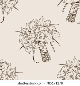 Calla flowers bouquet engraving seamless pattern vector illustration. Brown aged background. Scratch board style imitation. Hand drawn image.