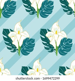 Calla flowers elegant seamless pattern on blue stripes