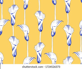 Calla flowers seamless vector pattern. Blue and white stripes of floral ornament on a yellow background.