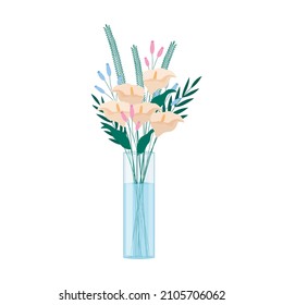 Calla Lilies flowers bouquet in glass vase isolated. Bunch of different fresh flowers and leaves plants. Vector flat illustration.