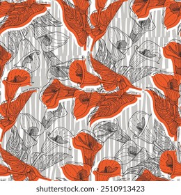 Calla Lily Elegante padrão sem costura mão desenhada. Uma colagem contemporânea com formas simples. Design exótico moderno para papel, tampa, tecido, papel de parede, interior. Gráficos vetoriais.