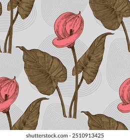 Calla Lily Elegant seamless pattern hand drawn. A contemporary collage with simple shapes. Modern exotic design for paper, cover, fabric, wallpaper, interior. Vector graphics.