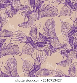 Calla Lily Elegant seamless pattern hand drawn. A contemporary collage with simple shapes. Modern exotic design for paper, cover, fabric, wallpaper, interior. Vector graphics.
