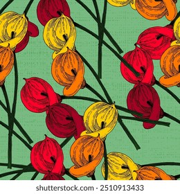 Calla Lily Elegante padrão sem costura mão desenhada. Uma colagem contemporânea com formas simples. Design exótico moderno para papel, tampa, tecido, papel de parede, interior. Gráficos vetoriais.