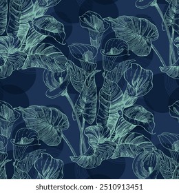 Calla Lily Elegantes nahtloses Muster handgezeichnet. Eine zeitgenössische Collage mit einfachen Formen. Modernes exotisches Design für Papier, Bezug, Stoff, Tapete, Interieur. Vektorgrafiken.