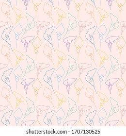 Calla lily hand drawn seamless repeat pattern design. Floral repeat pattern whit pastel colors.