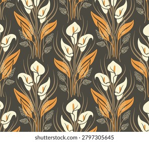 Calla Lily Pattern Features Stylized Calla Lilies On A Dark Background - B