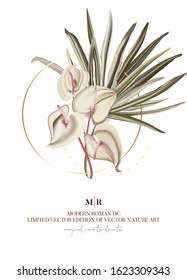 Calla realistic plant tree with dried palm leaves in gold circle wedding card. Rustic ivory bohemian decoration, trendy garden elegant bridal bouquet. Holiday template