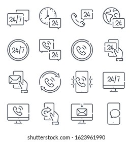 Callback related line icon set. Processing linear icons. Call support and 24 hour service outline vector sign collection.