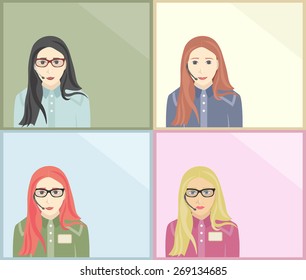 Call-center manager answers a question. Women with different hair colors, glasses and clothes: blonde, brunette, brown, red