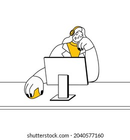 Call-center operator working with computer at online customer support service and speaking to client. Bored helpline worker in headphones. Woman at helpdesk. Flat vector illustration isolated on white