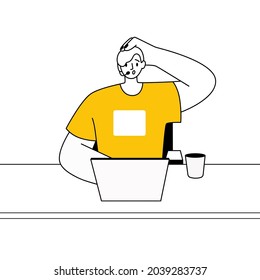 Call-center operator working with laptop in customer support service. Puzzled and doubting helpdesk worker. Man at workplace in contact centre. Flat vector illustration isolated on white background.